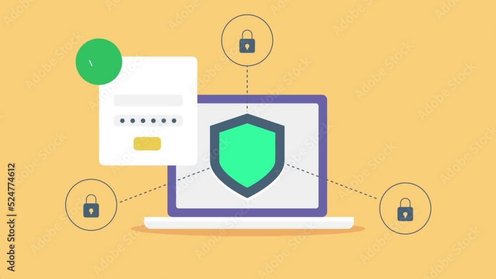Poster cyber security management system - shield on laptop screen, protecting business information from att