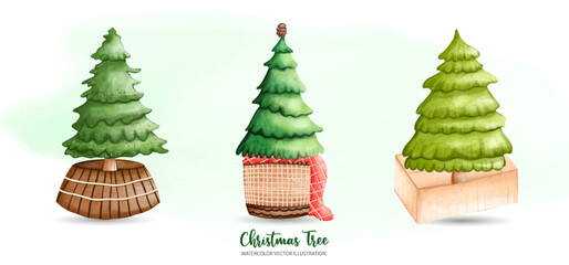 Christmas Tree, Watercolor vector illustration..