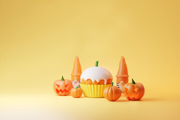 Pumpkin cupcake 3d illustration with white icing and cute gnomes for Halloween coming party on yellow background