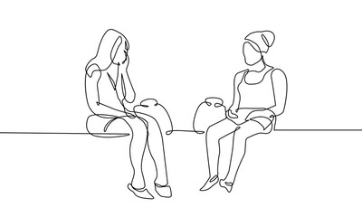 Two Women Talking Trendy Line Art Drawing. Female Minimalist Black Lines Drawing on White Background. Continuous One Line Abstract Drawing. Happy Women Modern Design. Vector EPS 10	