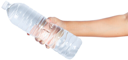 Hand holding water bottle.