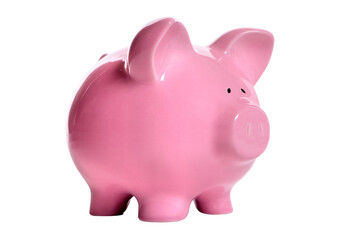 Pink piggy bank isolated side view transparent background photo PNG file