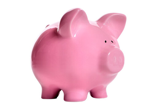 Pink piggy bank isolated side view transparent background photo PNG file