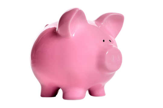 Pink piggy bank isolated side view transparent background photo PNG file