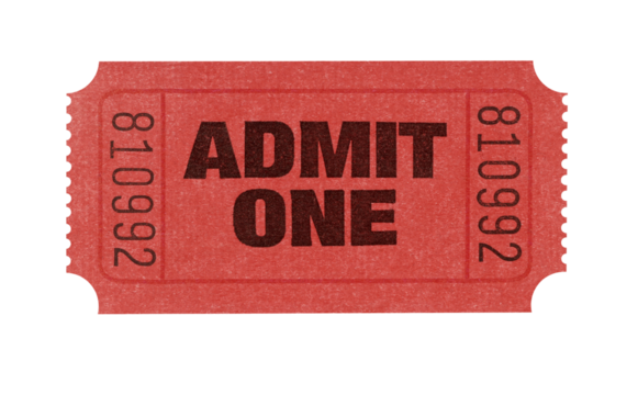Red admit one movie ticket isolated transparent background photo PNG file - Powered by Adobe