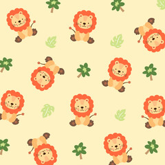 Fototapeta premium Cute lion pattern with tree isolate on yellow background. Creative for print, screen, wallpaper, textile or cover.Vector.Illuatration.