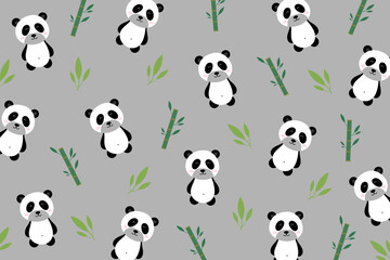Cute panda pattern with bamboo tree isolate on grey background. Creative for print, screen, wallpaper, textile or cover.Vector.Illuatration.