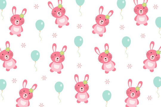 Cute rabbit pattern with ballon and snowflakes isolate on white background. Creative for print, screen, wallpaper, textile or cover.Vector.Illuatration.