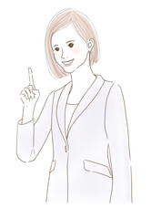 人差し指を立てるポーズをするスーツ姿の女性