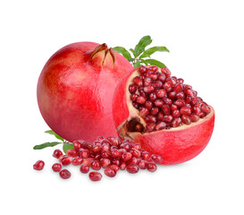 Fresh ripe pomegranate with leaves isolated on transparent background (.PNG)