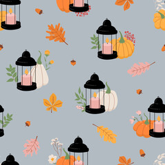 Autumn pumpkins with flowers pattern - 524780043