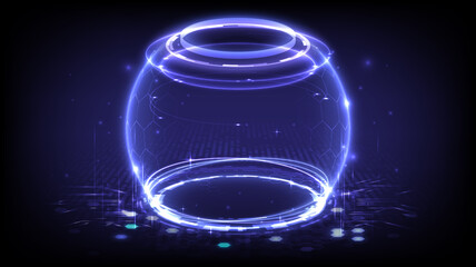 Portal and hologram time machine. Sci-fi digital hi-tech in glowing HUD projector. Magic gate in game fantasy. Circle teleport podium. Barrier of security privacy safe concept. Glowing sphere