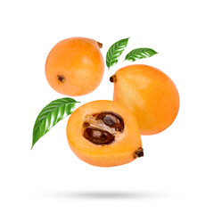 Half and whole ripe loquat fruits with leaves isolated on transparent background (.PNG)