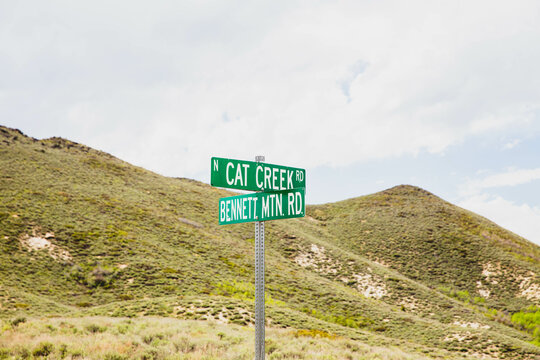 Street signs, Cat Creek Rd. at Bennett Mtn. Rd. between Prairie and Fairfield, Idaho.
