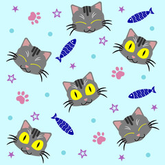 Seamless pattern with cat cartoons, fish, and footprint on pastel green background.