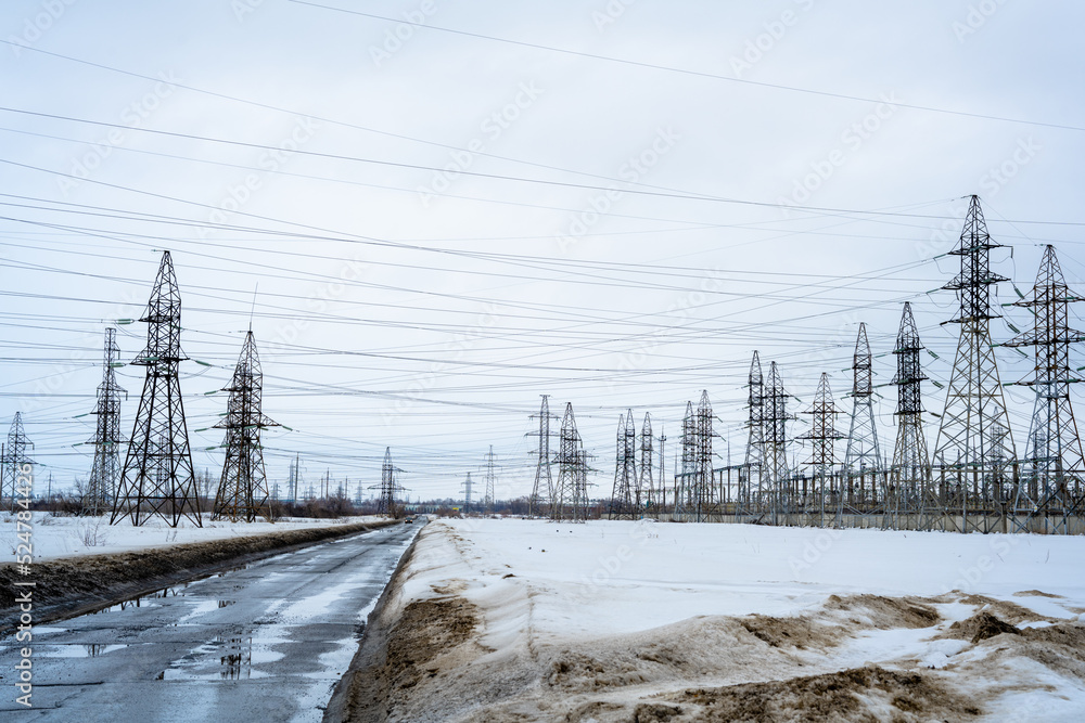 Wall mural the energy, electric poles, wires, power supply, power plant.