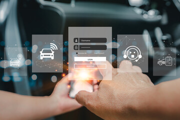 Car service and business on virtual screen concept, Hand a man use smartphone and log-in to the...
