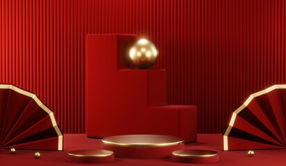 3D rendering of blank product background for cream cosmetics Modern red podium background