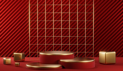 3D rendering of blank product background for cream cosmetics Modern red podium background