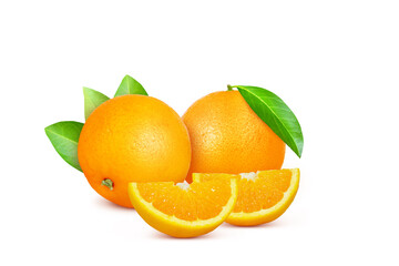 Oranges and oranges cut into pieces with green leaves isolated on white background