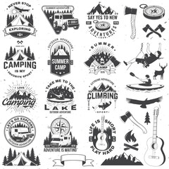 Set of camping badge and icon. Vector. Vintage typography design with man in canoe, guitar, climber, mountain, axe, lake, compass, camper rv , tent and forest silhouette.