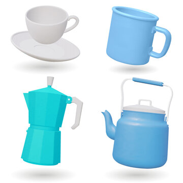 Set of kettle , camping mug, coffee maker and cup isolated on white background. 3D render Vector illustration.