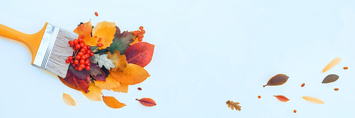 Brush paint with colorful autumn leaves, creative concept of autumn, leaf fall Banner