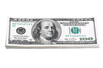 Bundle of 100 US dollars banknotes (bills) isolated on white. Stecked photo.