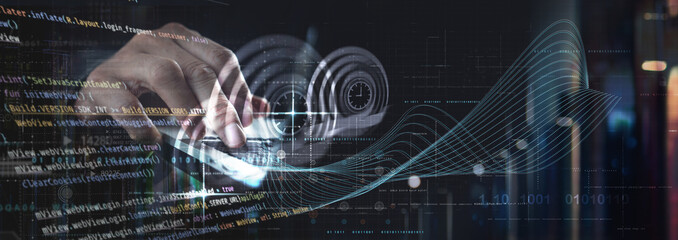 Agile software development, digital technology, scrum methodology, mobile app development concept. Coding software developer working on laptop with javascript computer code on virtual screen