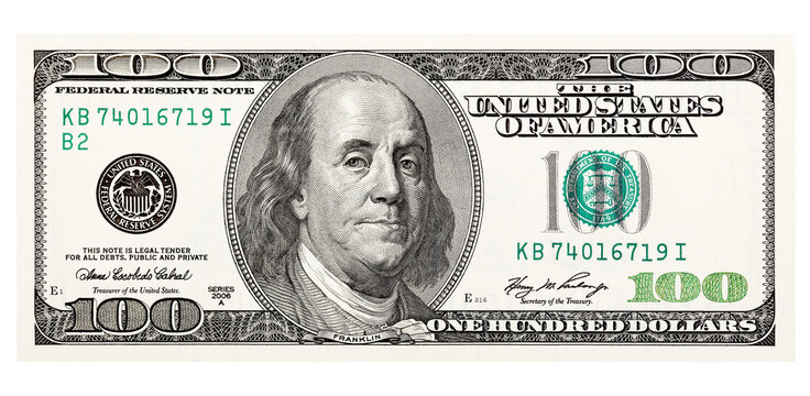 100 dollar bill, on a white background. The largest denomination available in the U.S.A