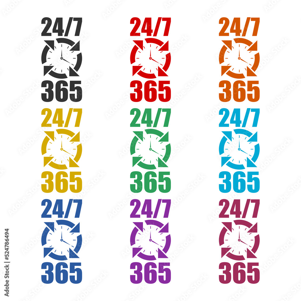 Poster 24 on 7 timing badge symbol icon. set icons colorful