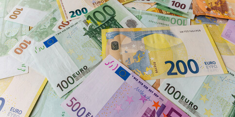 European money. Various Euro bills as background image 