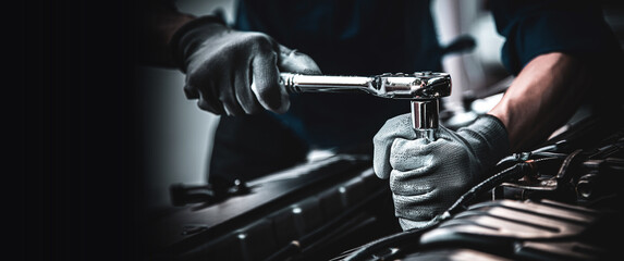 Car care maintenance and servicing, Close-up hand technician auto mechanic using the wrench to repairing change spare part car engine problem and car insurance service support. - obrazy, fototapety, plakaty