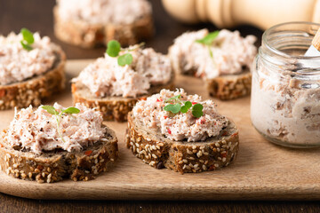 bruschetta with tuna pate, fish rillettes, selective focus