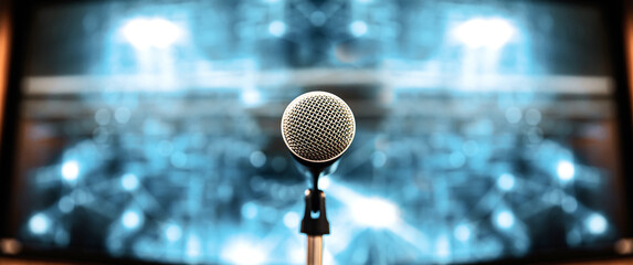 Microphones Public speaking background, Close up microphone on stand for speaker speech...