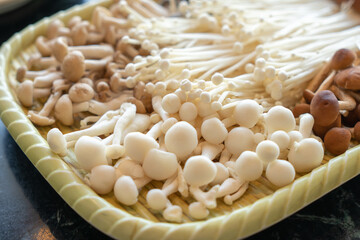 Shimeji and Enokitake (Golden needle mushroom) in a bucket preparing for use to be ingredient in a sukiyaki.