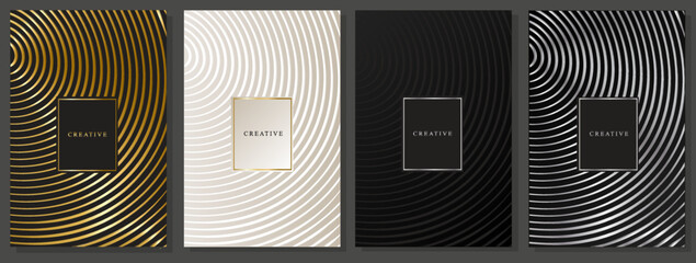 Luxury cover set . Distorted shiny lines on gold, platinum, black and silver background.  Circular lines pattern, vector template for business, trendy brochure, elegant invitation.