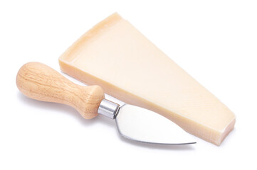 Piece of parmesan cheese and knife isolated on white background