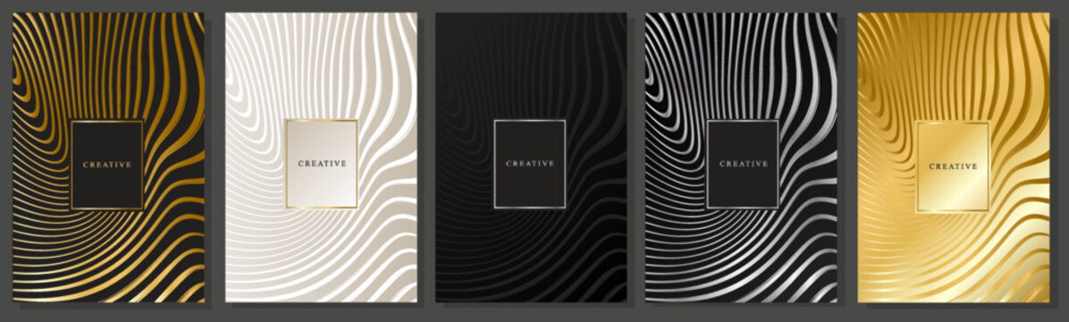 Luxury cover set . Distorted shiny lines on gold, platinum, black and silver background.  Wavy curves pattern, vector template for business, trendy brochure, elegant invitation.