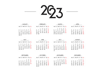 English Minimalist Calendar Year 2023 Vector Template 
