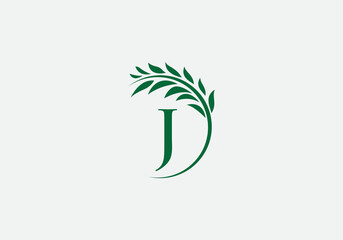 Green leaf and laurel wreath logo design vector with the letter and alphabet J