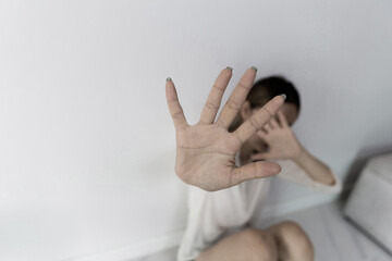 Stop hurting woman! young female person raised her hand for stop violence, sexual abuse, human...