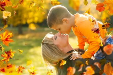 Mother and her little daughter at beautiful autumn park