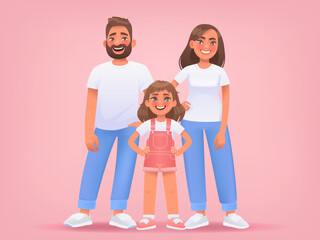 Happy young family on a pink background. Mom dad and daughter pose together in full growth. Vector illustration