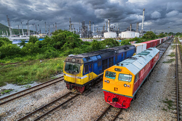 Naklejka premium Freight train stops at the oil depot.