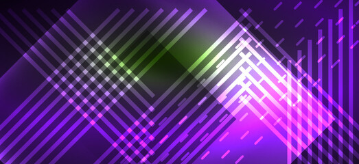 Obraz premium Background neon glowing lines and geometric shapes. Lights in the dark wallpaper for concept of AI technology, blockchain, digital, communication, 5G, science
