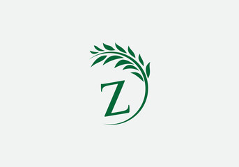 Green leaf and laurel wreath logo design vector with the letter and alphabet Z