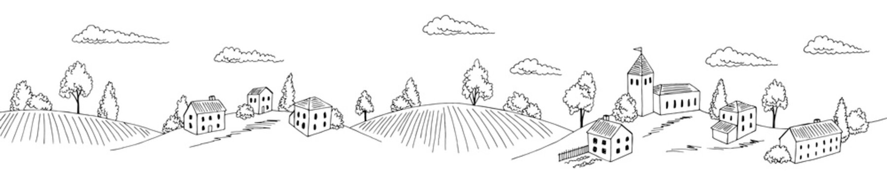 Village hill long graphic black white rural landscape sketch illustration vector