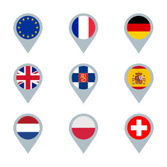 Set of 9 map markers with flags. European Union, United Kingdom, France, Germany, Finland, Spain, Netherlands Poland and Switzerland