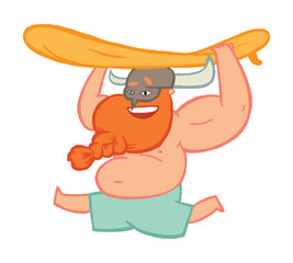 Viking surfer. Big man with beard and helmet running with a surfboard. Surfing character illustration isolated.